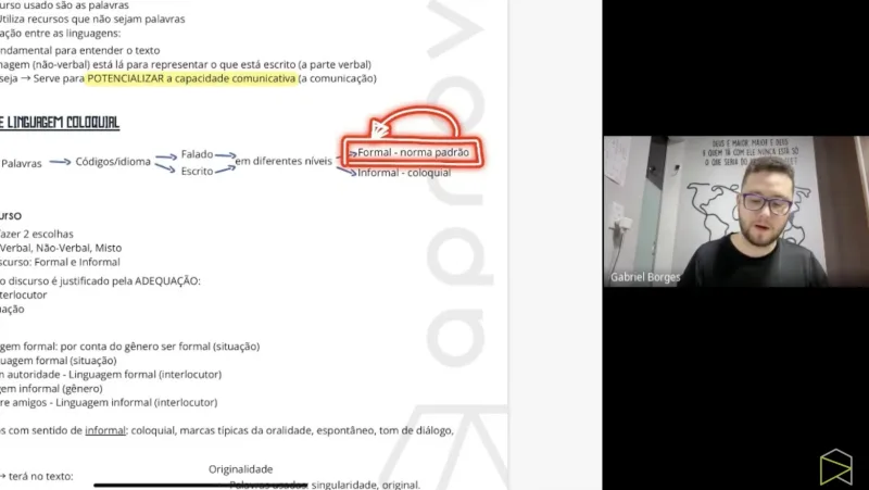 Frame real da aula Revisão FP - Linguagens, com o professor Gabriel Borges