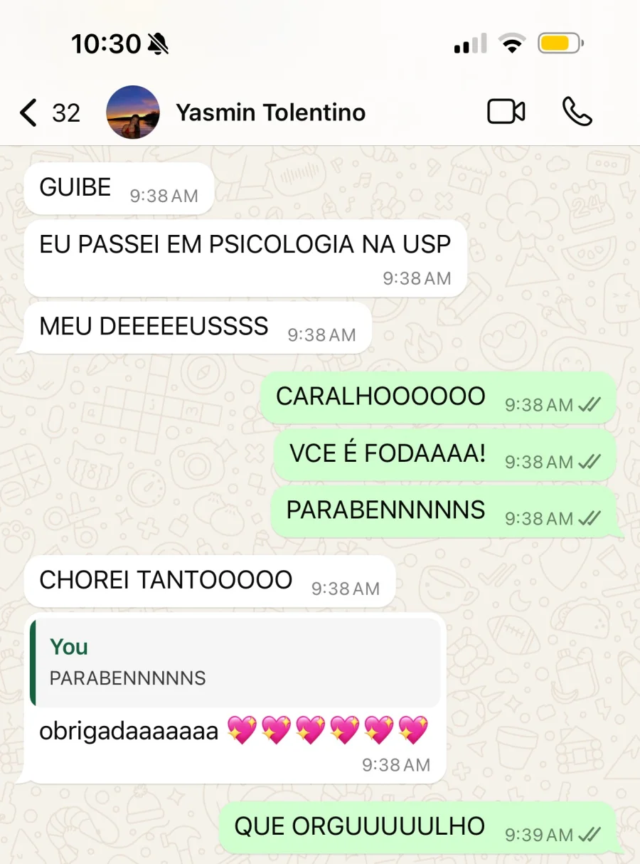 Print de WhatsApp de Yasmin Tolentino: 'EU PASSEI EM PSICOLOGIA NA USP'